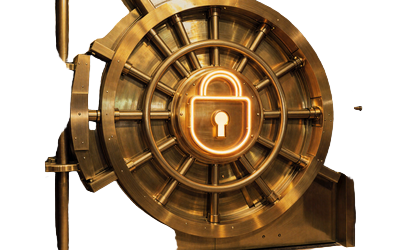 Sicherheit und Verschl&uuml;sselung symbolisiert durch einen goldenen Tresor im Retro Casino Stil